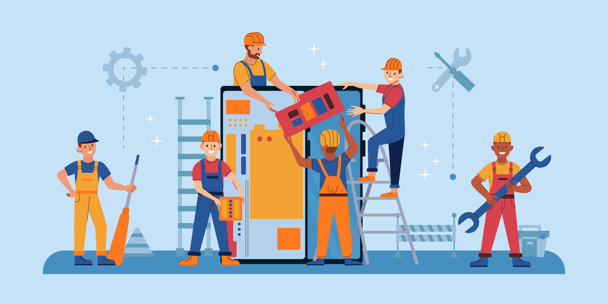 Phone repair service flat composition with engineers disassembling smartphone on blue background vector illustration SSUCv3H4sIAAAAAAACA3WRTWvDMAyG/4rwOawbu+VeBoNB2XYrOyiOmoo6VrDsdKXkv0/uB/Symz5eS68en12Hyt61Z8chFM0JM0t07UvjqOcsiTG49nlpnGbMRUlNa5nHTIN1L/l9yPZc66513+T3UYIMJ2cPS2elD1ZPIWAkKeqW5i7dkEyB/pP9NA4Hiv5Ut9raRIHwYmJrrcMxUxpvjmbuSa4hlp5r6GbxGKz/Wh3bdTLW6pBw2rNPPFOqeU/qU7Wyl0iQaEJOoJRm9gS7gBm8jJMoVzRw5LwHigNHoqTQs6IqjV3gOICOmPJ0mWPSLhSCDv1hSFJiDzN5IwqPpJ9gbZixCwTrzRegqT4p9mSqCO+bN9hJGg1U4/JvxeWaG7frLF15iZ6mXDCs8iN1OdgnLsvyB6tKPqfiAQAA